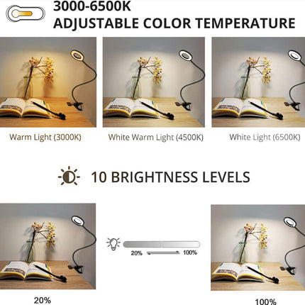 Adjustable color temperature and brightness levels of a desk lamp.