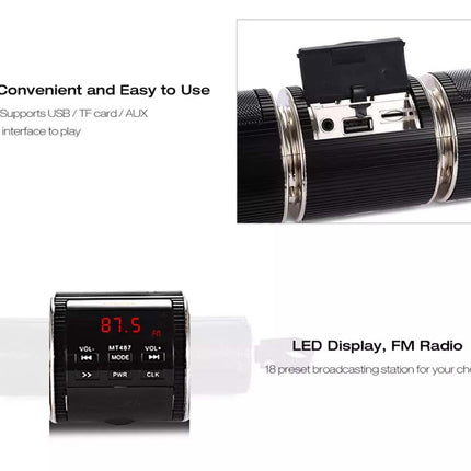 Black cylindrical electronic device with a digital LED display and FM radio controls, shown with feature callouts and a close-up of its interface on a white background.
