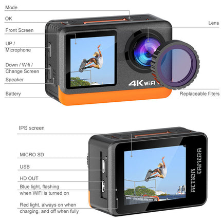 Action camera with features highlighted on a white background