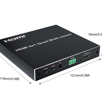 HDMI 4x1 Quad Multi-viewer device with dimensions on a white background