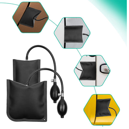 A manual blood pressure cuff pump set with two black inflatable cuff bags, a black bulb pump, and connecting tubes, shown on a white background with four inset detail photos highlighted by teal outlines.