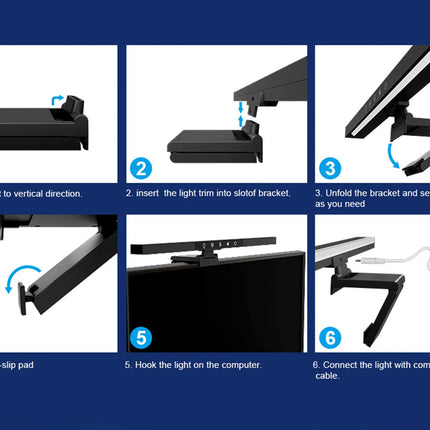A 6-step instructional diagram showing how to install and connect a computer light bar monitor mount. The steps include orienting the slot, inserting the light trim bracket, unfolding the bracket, opening the the-thai-slip pad, hooking the light on, and connecting via USB cable, set against a dark blue background.