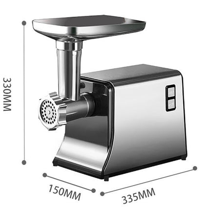 Stainless steel meat grinder with dimensions indicated on a white background