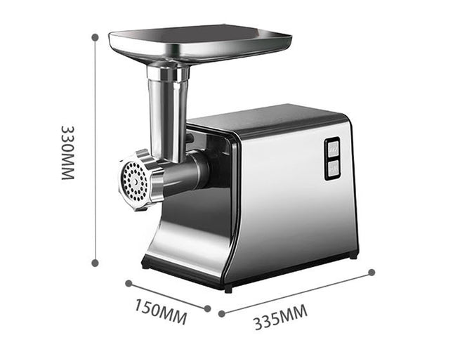 Stainless steel meat grinder with dimensions indicated on a white background