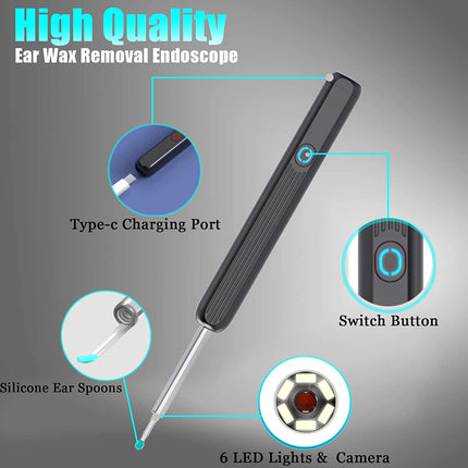 Ear wax removal endoscope with features highlighted on a gray background