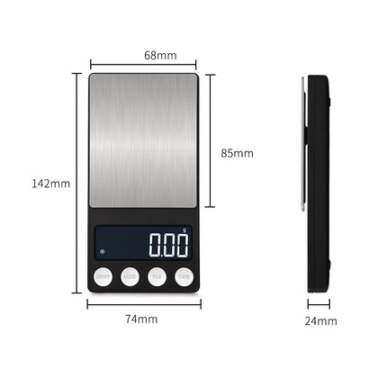 Digital pocket scale with dimensions labeled on a white background