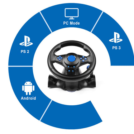 Black gaming steering wheel with blue center on a white background with PlayStation logos and icons.