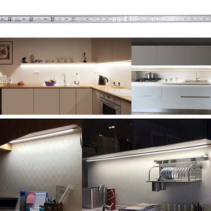 LED strip lights in various settings including a kitchen and office.