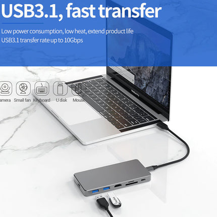 USB hub connected to a laptop with text about USB3.1 speed and features on a blue and white background.