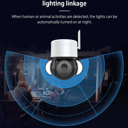 A security camera with a white top housing and black lens assembly, shown with blue wireless coverage graphics and text explaining lighting linkage in a dark room scene.