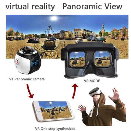 Virtual reality headset and camera with a panoramic view of a town scene.