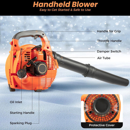 Handheld blower with labeled parts on a snowy background