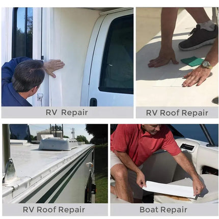 Collage of RV repair and boat repair activities with text labels.