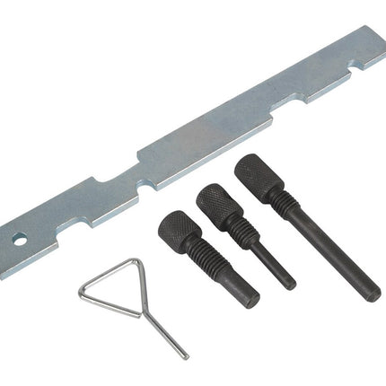 Set of metal tools including a large flat metal bar, three black cylindrical tools, and a small silver triangular tool on a white background.