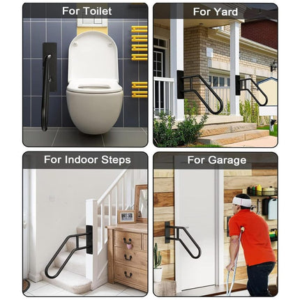 Four different uses of a handrail product: for toilet, yard, indoor steps, and garage.