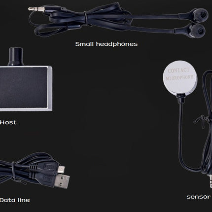 Set of electronic components including a host, small headphones, contact microphone, data line, and sensor on a black background.