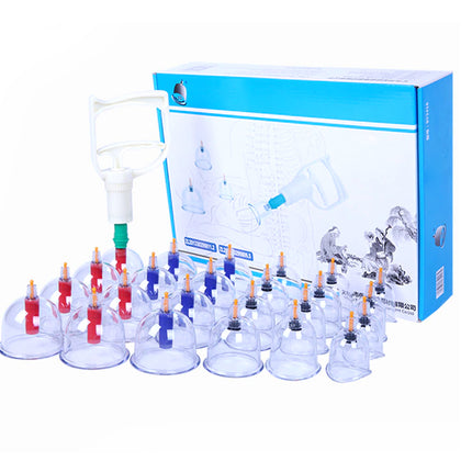 Cupping therapy set with cups and pump on a white background