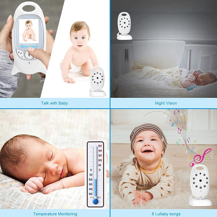 Baby monitor with features like talk with baby, night vision, temperature monitoring, and lullaby songs displayed on a grid.