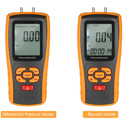 Two digital pressure meters showing differential and record mode on a white background.