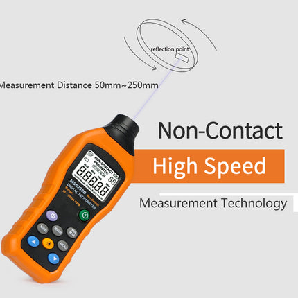 An orange and black handheld digital speed measurement device shown on a light gray background with marketing text reading 'Non-Contact High Speed Measurement Technology' and a small diagram indicating reflection point and measurement distance 50mm~250mm.
