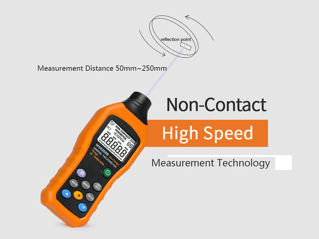 An orange and black handheld digital speed measurement device shown on a light gray background with marketing text reading 'Non-Contact High Speed Measurement Technology' and a small diagram indicating reflection point and measurement distance 50mm~250mm.