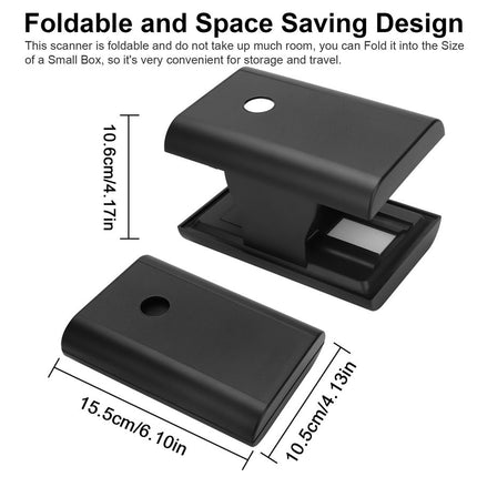 Black scanner with foldable design and dimensions on a white background