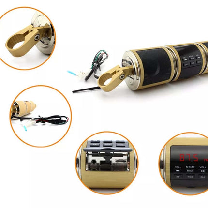 A cylindrical electronic device with a black body and gold trim, shown on a white background with four circular inset detail views highlighting the clasp, wiring, internal components, and digital display.