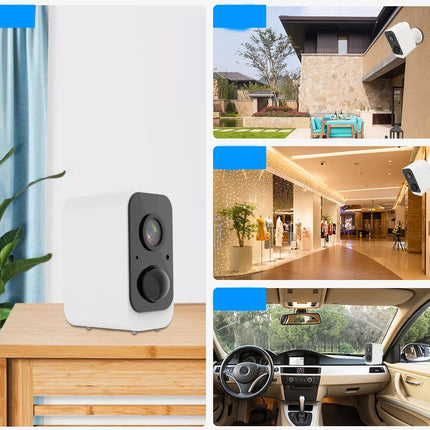 White speaker on a wooden table with images of a house, office, and car interior.