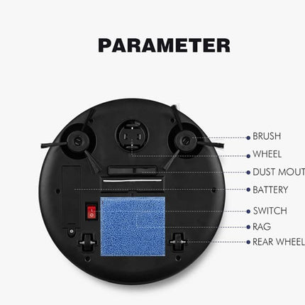 Diagram of a robot vacuum cleaner's components labeled on a white background