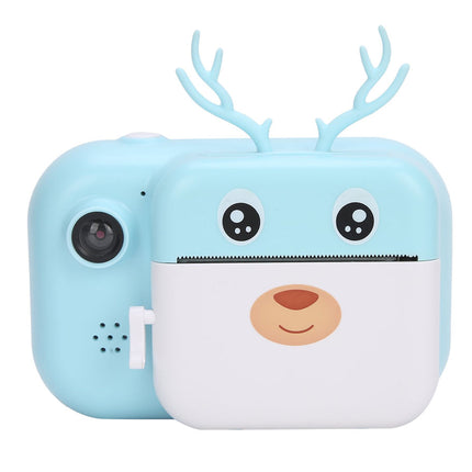 Blue and white device with deer-like face and antlers on a white background