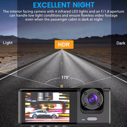 Car dashboard camera with night vision feature on a road at night.