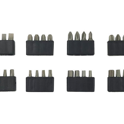 Set of eight black tool bit holders with multiple drill bits on a white background