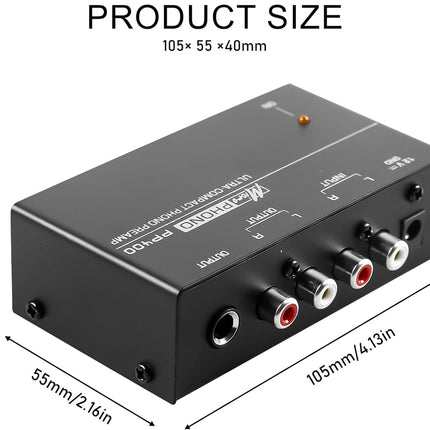 Black audio/video switch box with RCA and USB ports, labeled 'Dynda Digital', on a white background with product dimensions.