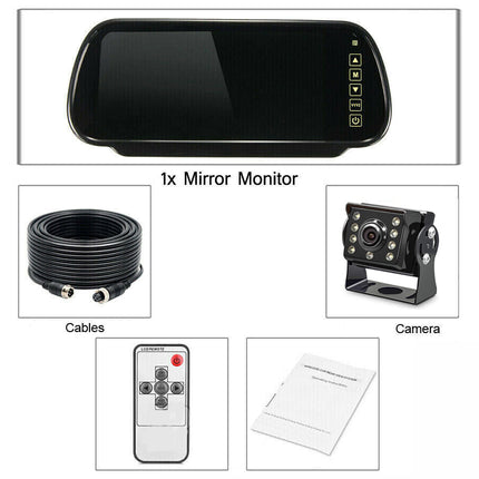 Car monitoring system components including mirror monitor, cables, camera, and remote control on a white background.