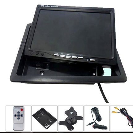 Car monitor with remote control and accessories on a white background