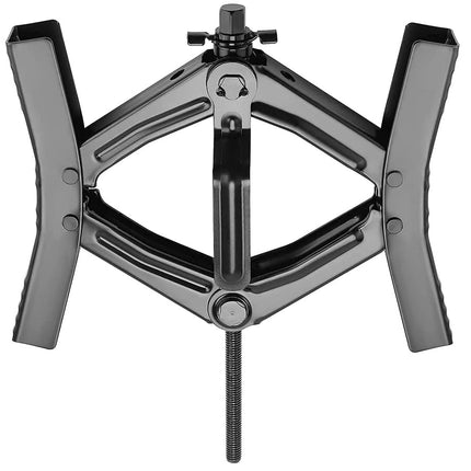 A dark gray and black metal hydraulic floor jack with a threaded screw stem and adjustment knob, shown against a plain white background.