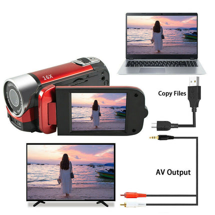 A red and black camcorder shown with connected display screens, a laptop, and AV output cables on a white background, with text labels for 'Copy Files' and 'AV Output'.