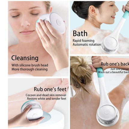 Product demonstration of a handheld cleaning device with various uses on a white background.