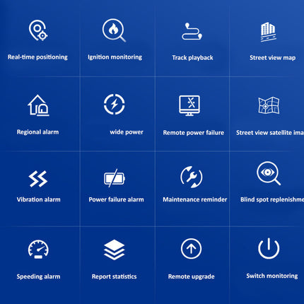 Set of icons for various monitoring and control functions on a blue background
