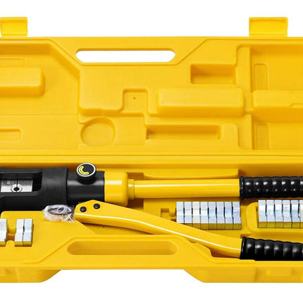 A hydraulic line crimping tool kit in a bright yellow plastic case, featuring a yellow and black crimping tool, silver metal crimping heads, and black-and-yellow handles.