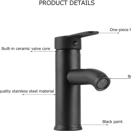 Black faucet with labeled features on a white background