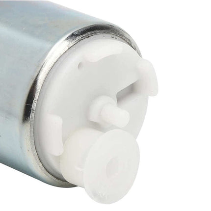 Close-up of a cylindrical metal and white plastic component on a white background