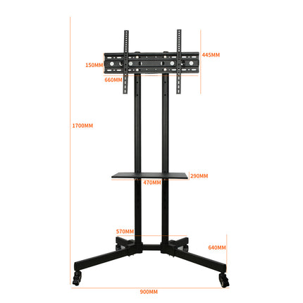 Black TV stand and mounting bracket with overlaid dimension labels showing measurements in millimeters on a white background.