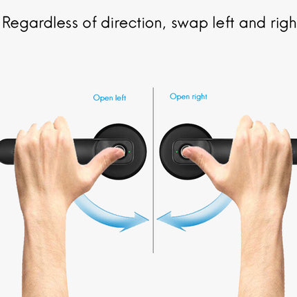 Instruction graphic showing two hands gripping a black handle from opposite sides on a light gray background, with the text 'Regardless of direction, swap left and right' and labels 'Open left' and 'Open right' with blue arrows indicating rotation directions.