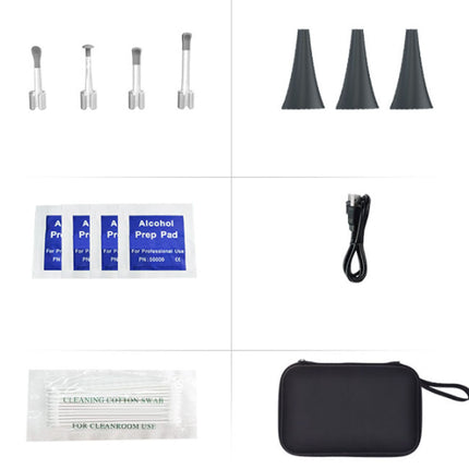 A 6x2 grid showing the contents of a dental or oral hygiene cleaning kit, including four silver metal tip attachments, four black cone-shaped tips, three alcohol prep pads, a black charging cable, a single cleaning carbon wrap, and a black zippered carrying case on a white background.