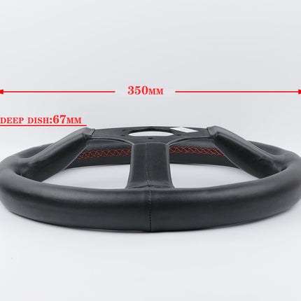 Black deep dish wheel with measurements on a white background