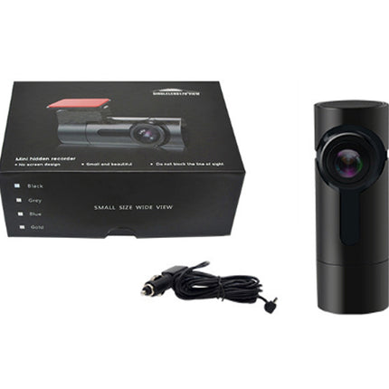 A black cylindrical dash cam shown next to its black retail box and a black car power adapter cable on a white background.