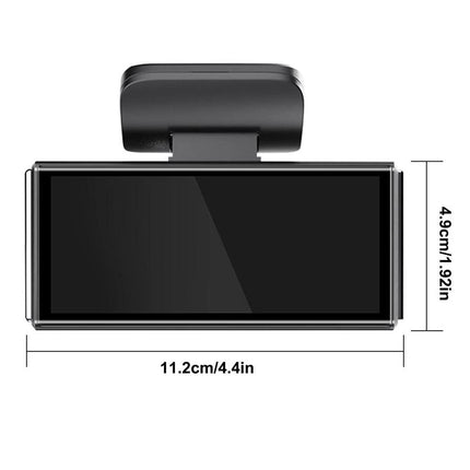 Black electronic device with dimensions indicated on a white background