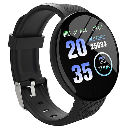 Black smartwatch with a digital display on a white background
