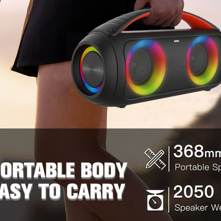 Portable speaker with colorful design held by a person, with text highlighting its portability and weight.